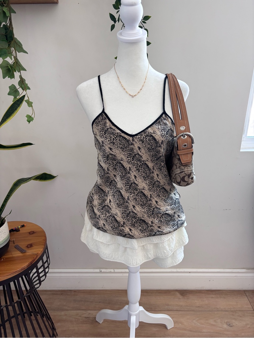 Neiman Marcus Snake-Print Spaghetti Strap Cami - Black/Tan